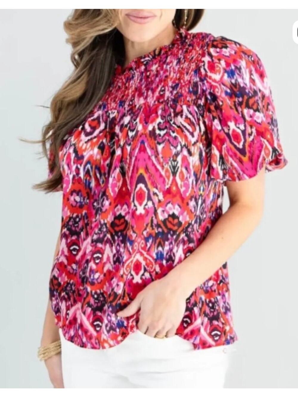 TCEC Fuchsia Printed Smocked Top Sz 1X Vibrant Career Office Colorful Pink